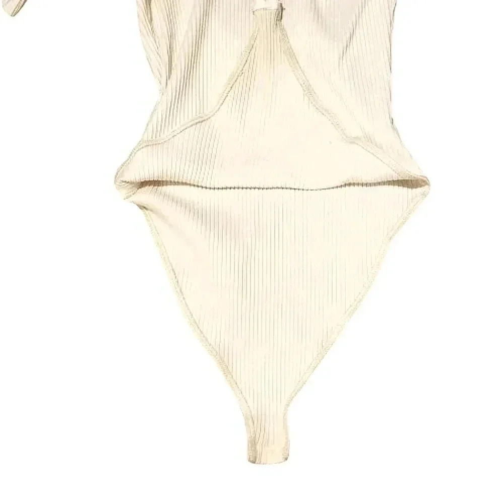 SHEIN white lowback bodysuit w/ lace ruffle along full neckline Size Medium